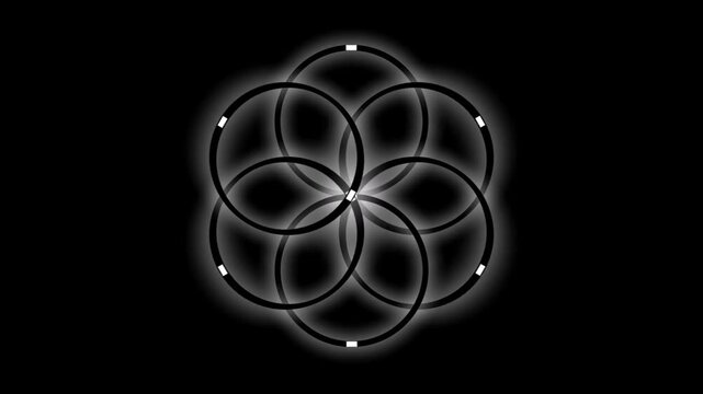 rotating circles pattern white glow black background.  
sacred geometry overlapping rings meditation.  
neon white circle arrow rotation loop.  
