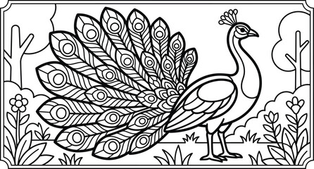 Fototapeta premium Peacock in garden coloring page. Majestic Peacock in a Blooming Flower Garden Coloring Page