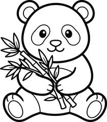 Obraz premium Cute panda bear holding bamboo leaves. Cute cartoon panda bear holding bamboo shoot with leaves on white background illustration
