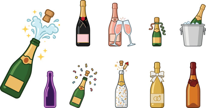 Champagne Bottle and Celebration Vector Icon Set Featuring Exploding Corks, Toasting Glasses, Ice Buckets, and Confetti Elements for New Year Parties