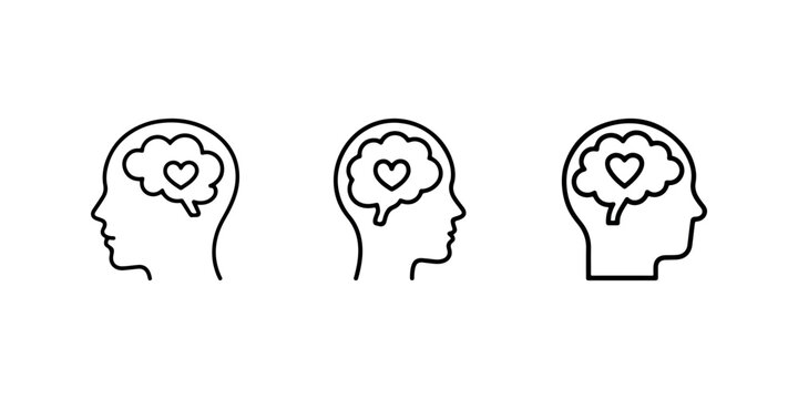 Series of three human head profile icons displaying brain with heart symbol inside representing emotional intelligence mental health and empathy concepts.