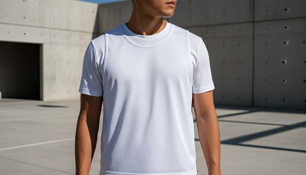 Athletic East Asian man wearing a blank white scrimmage vest on a modern concrete court