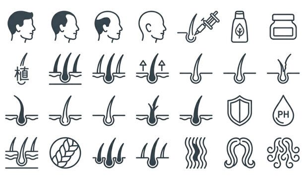 Hair loss and scalp dermatology treatment editable stroke line icons set isolated on white background flat vector illustration pixel perfect