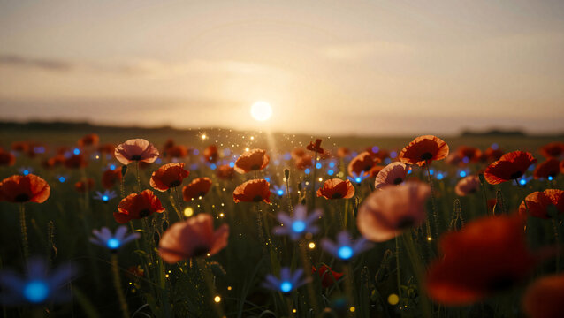 Magisches Mohnfeld mit leuchtenden Blumen bei Sonnenuntergang