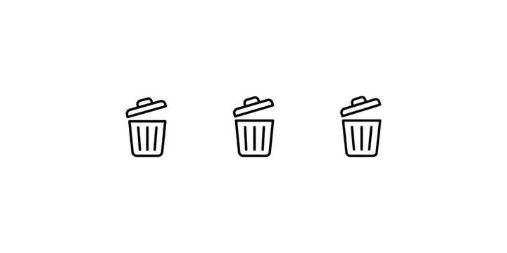 Set of three linear waste bin icons featuring removable lid designs for household garbage disposal or recycling bin concepts isolated on white background.