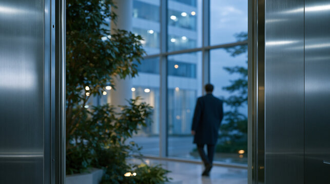 Brushed steel elevator interior wall with a faint distorted reflection of a solitary businessman in overcoat, building lobby glimpsed through gap, twilight blue hour atmosphere filtering through lob