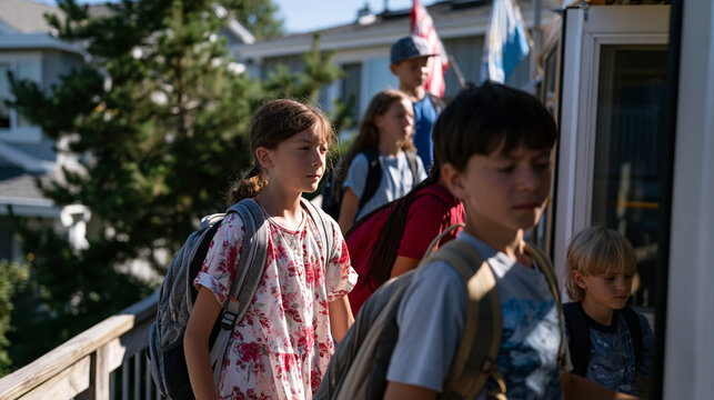 Children carrying heavy backpacks up steep school bus steps in August heat, last summer afternoon light casting long shadows, mix of anxious and resigned expressions across faces of returning studen
