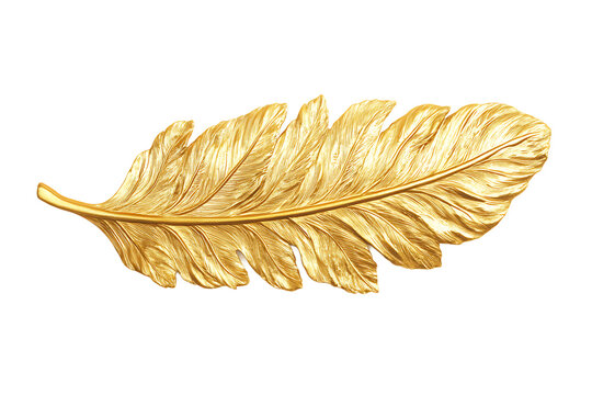 A detailed golden feather sculpture isolated on transparent background