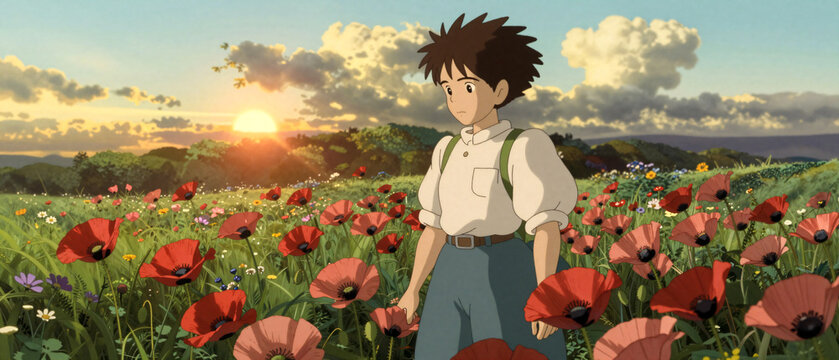 Anime Charakter auf einer sommerlichen Mohnwiese