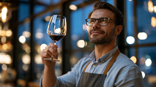 Single professional male sommelier holding a stemmed glass up toward a restaurant window at twilight blue hour, wine catching ambient glow, concentration visible in squint, hospitality and beverage 