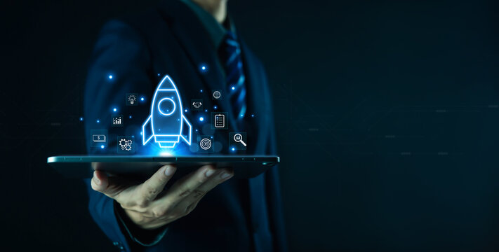 Startup rocket, innovative ideas, business creativity, marketing, entrepreneurial investment. Plan on the concept of communication to develop a successful project. thrive professionally