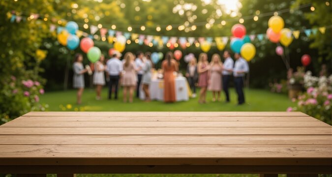 Empty wooden table with party in garden background blurred.

