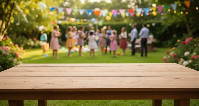 Empty wooden table with party in garden background blurred.
