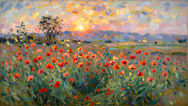 Farbenfrohe Mohnwiese als &Ouml;lgem&auml;lde im Pointillismus Stil