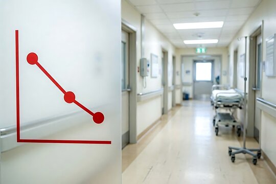 A red declining line chart on a glass partition in a blurry hospital corridor. This informative photo is for medical presentations, healthcare blogs and disease awareness.