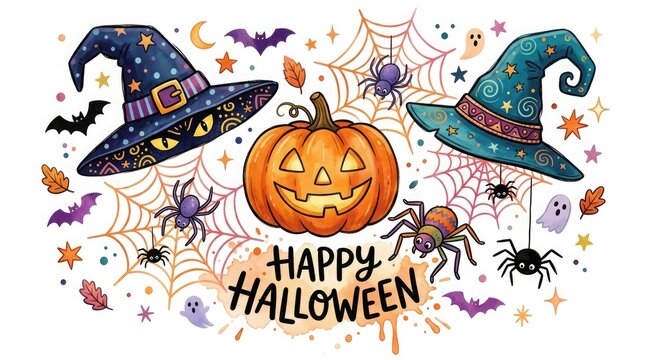 Watercolor halloween illustration with pumpkin witch hats spiders and festive text