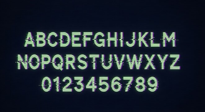 Digital glitch alphabet letters and numbers set with alphabet, technology