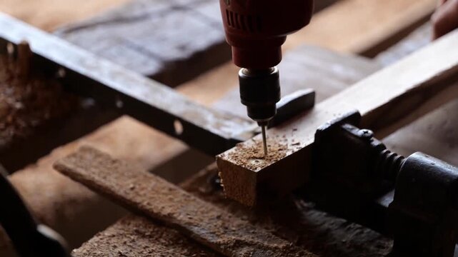 Carpenter Using Electric Drill Boring into Wood Block, Woodworking Workshop, Craftsman Drilling Wood with Electric Drill Bit, DIY Woodwork Workshop Close Up Shot"