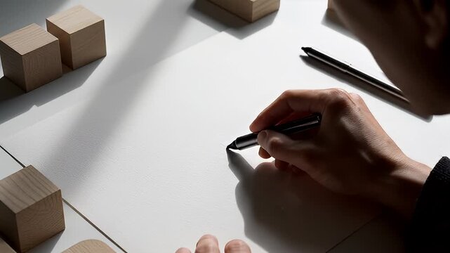 Wooden Blocks Casting Soft Shadows on Clean White Desk
