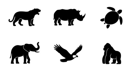 Wild Animal Silhouettes: Lion, Rhino, Turtle, Elephant, Eagle, Gorilla Icons © VG