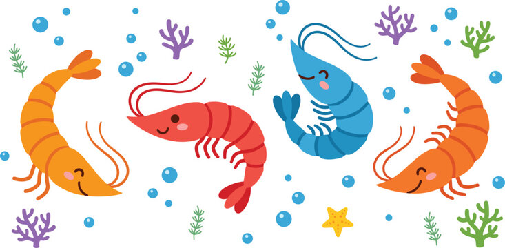 Cute shrimp vector illustration set featuring colorful prawn characters swimming underwater among sea bubbles coral reefs and starfish isolated on white background.