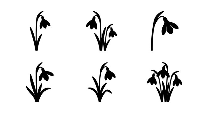 Snowdrop Flower Icons, Spring Blossom Vector Graphics, Delicate Floral Silhouette Elements