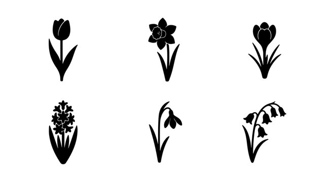 Spring Flower Icons Set, Botanical Vector Graphics, Floral Silhouette Collection, Nature Elements