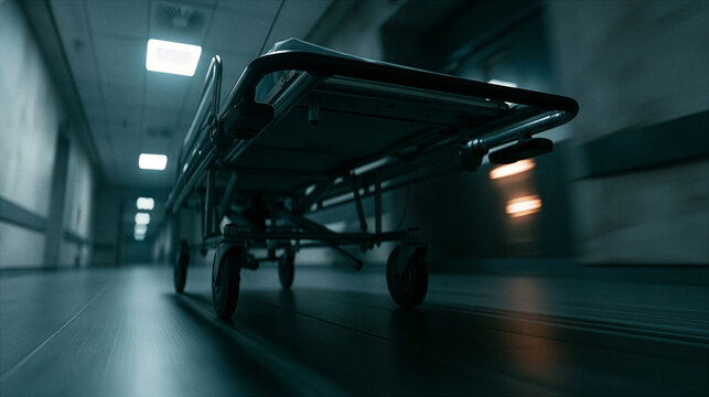 Empty medical gurney stretcher in a dark hospital corridor with motion blur effect. Concept of emergency evacuation, urgent care, speed, and medical drama.