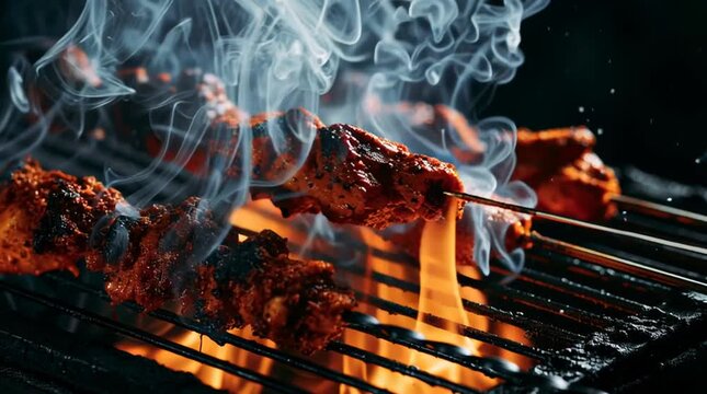 Spicy chicken tikka skewers grilling over open flames with aromatic smoke, showcasing authentic barbecue flavors and traditional Indian cuisine