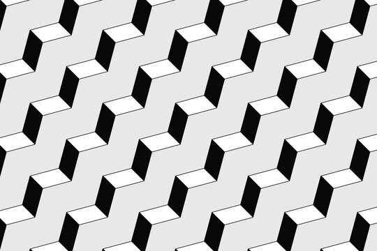 Isometric zigzag pattern with 3D geometric steps, monochrome architectural background vector, black and white optical illusion texture