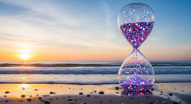 Us independence day celebration hourglass with stars and stripes on beach at sunset