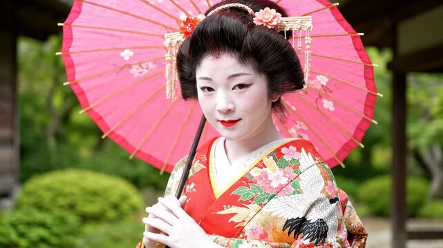 A woman in traditional Japanese makeup with a pink parasol