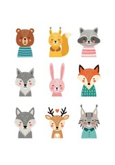 Fototapeta premium Cute Forest Animal Portraits Set with Bear Squirrel Raccoon Wolf Rabbit Fox Deer and Lynx in Flat Scandinavian Style