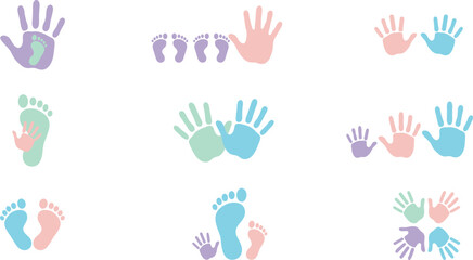 Fototapeta premium Cute family handprint and footprint vector icon set showing pastel colored stamps of adult toddler and baby hands or feet isolated on white background.
