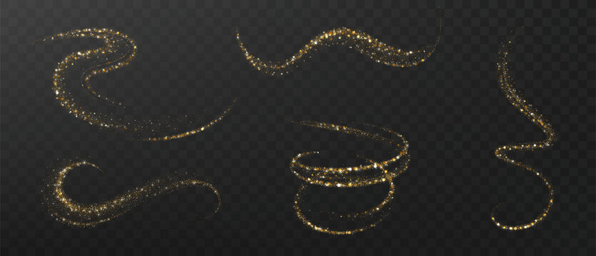 Sparkling gold star trails with shimmering dust waves and luminous glitter effects. Luxury decorative elements for festive graphics and elegant invitations.