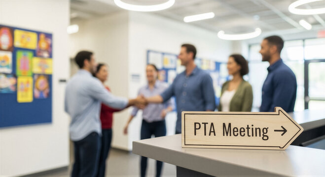 Group of parents shaking hands and talking at a school pta meeting, with a wooden sign pointing the way in the foreground
