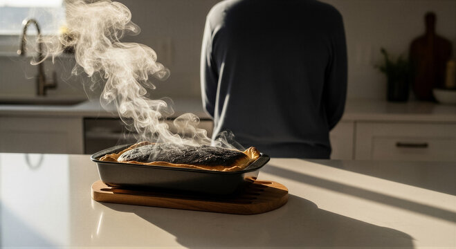A person standing in a kitchen behind a freshly baked, steaming hot, and slightly burnt casserole dish on a wooden trivet