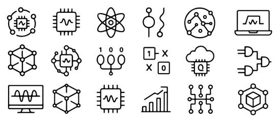 Fototapeta premium Quantum Computing Icon Set of Editable Line Art Icons for Future Technology, Data Science, and Digital Innovation in Minimal Vector Style