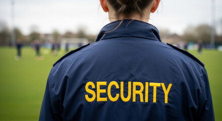 Obraz premium Security guard standing on a sports field, back view, wearing a dark blue uniform with the word security printed in yellow letters