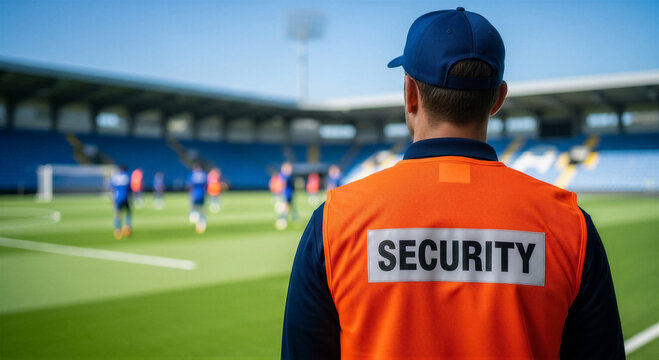 Security guard watching a soccer match at a stadium, view from behind, professional security personnel monitoring the field during a game