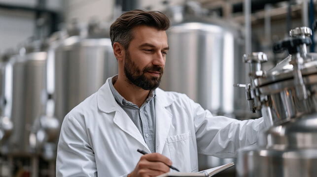 Fermentation scientist opening a sealed bioreactor vessel to sample precision-fermented mycoprotein culture, lab notebook in hand, stainless steel fermentation tanks lining the
