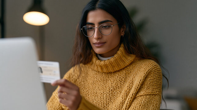 Exam candidate completing an identity check before a proctored certification test, holding a government ID up to a webcam in a quiet home office, neutral wall background, single
