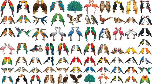 Vector cartoon mega icon set of cute colorful wild birds and tropical avian species facing each other isolated on white background