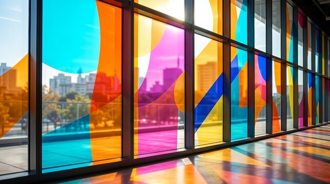 Decorative window dressing with multicolored vinyl self adhesive film for interior advertising.