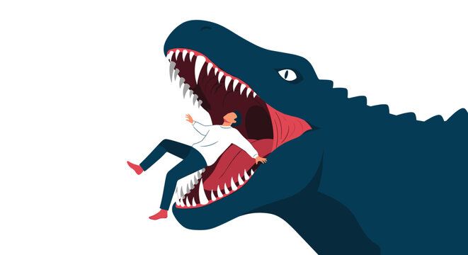 Terrifying dark blue dinosaur opens its mouth wide to swallow a falling man who is dressed in casual clothes during a dramatic encounter.