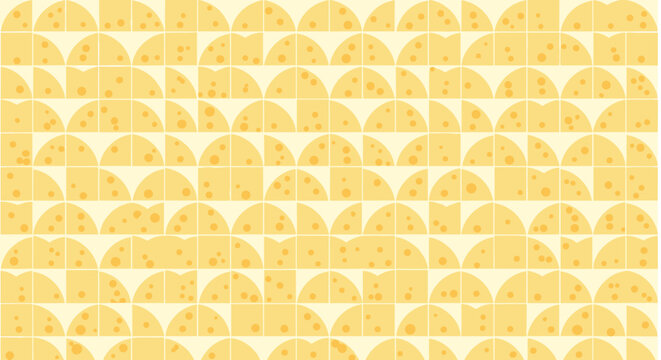Repeating pattern of yellow semicircles with small dots resembles slices of cheese arranged in a neat grid for a fun and simple background.