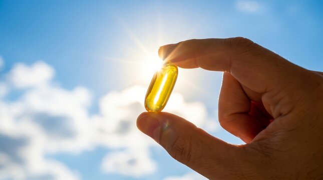 Vitamin D from the sun helps maintain health as a hand holds a fish oil capsule in sunlight.