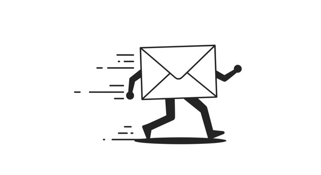 Running envelope with human legs and arms moves quickly to deliver mail fast as indicated by the motion lines on a white background.