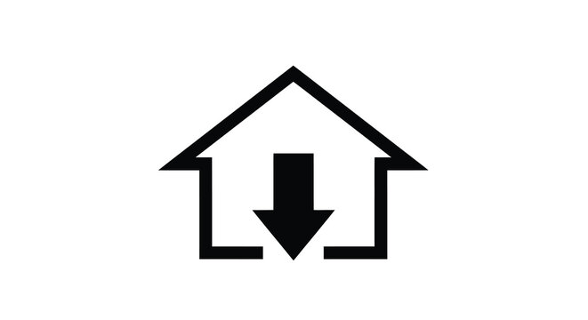 House with downward arrow icon flat silhouette on white background