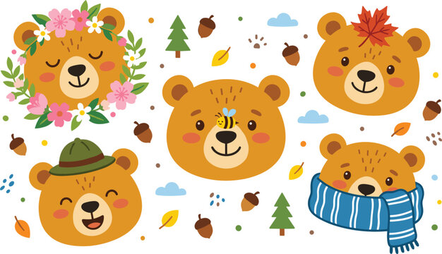 Cute brown bear face vector illustration set featuring adorable grizzly bear heads themed around four seasons with flowers scarf hat maple leaf and bee on white background.